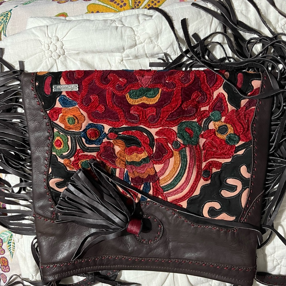 Pranee LARGE size LEATHER embroidered bag w/fringe